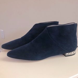 Miu Miu Navy Suede Flat Boots with Jeweled Heels